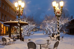 The snow-covered streets of Aspen in the winter, near the Limelight Hotel Aspen.