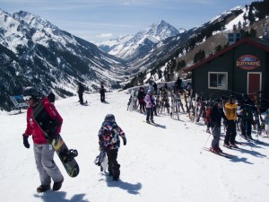 Skiers around the Cliffhouse Restaurant on Buttermilk Mountain in Aspen.