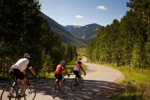 A trio of cyclists training for bike racing season near Aspen.