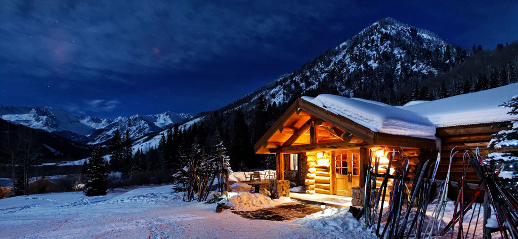 The Pine Creek Cookhouse in Aspen, open for nordic skiers on a winter night.