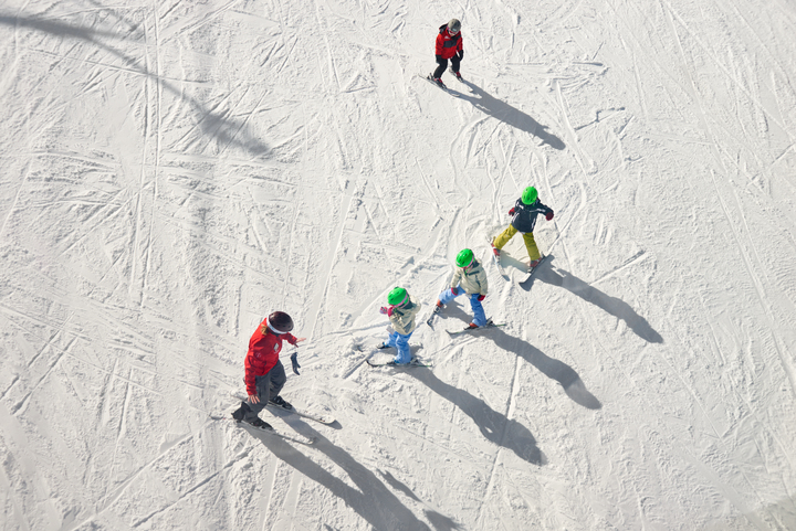 Beginner skiers at Aspen’s ski school learning to ski on Buttermilk mountain.
