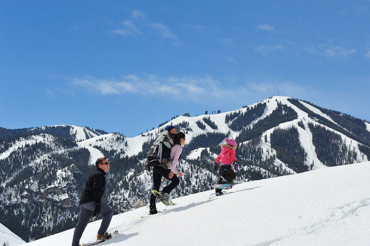 A family snowshoeing on one of the many trail systems in Sun Valley, Idaho.