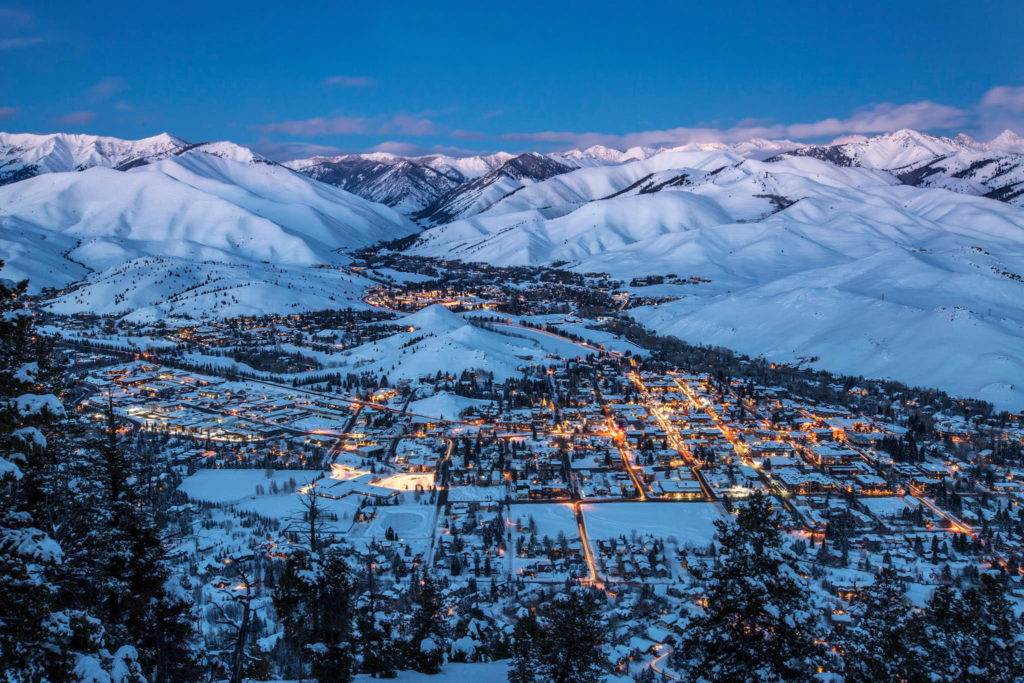 View of Ketchum, Idaho from mount Baldy in the winter.